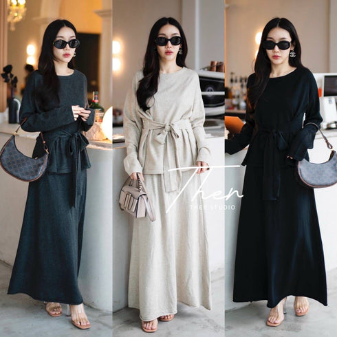 Premium Quality Knitted Waist Tie Pullover with Long Skirts